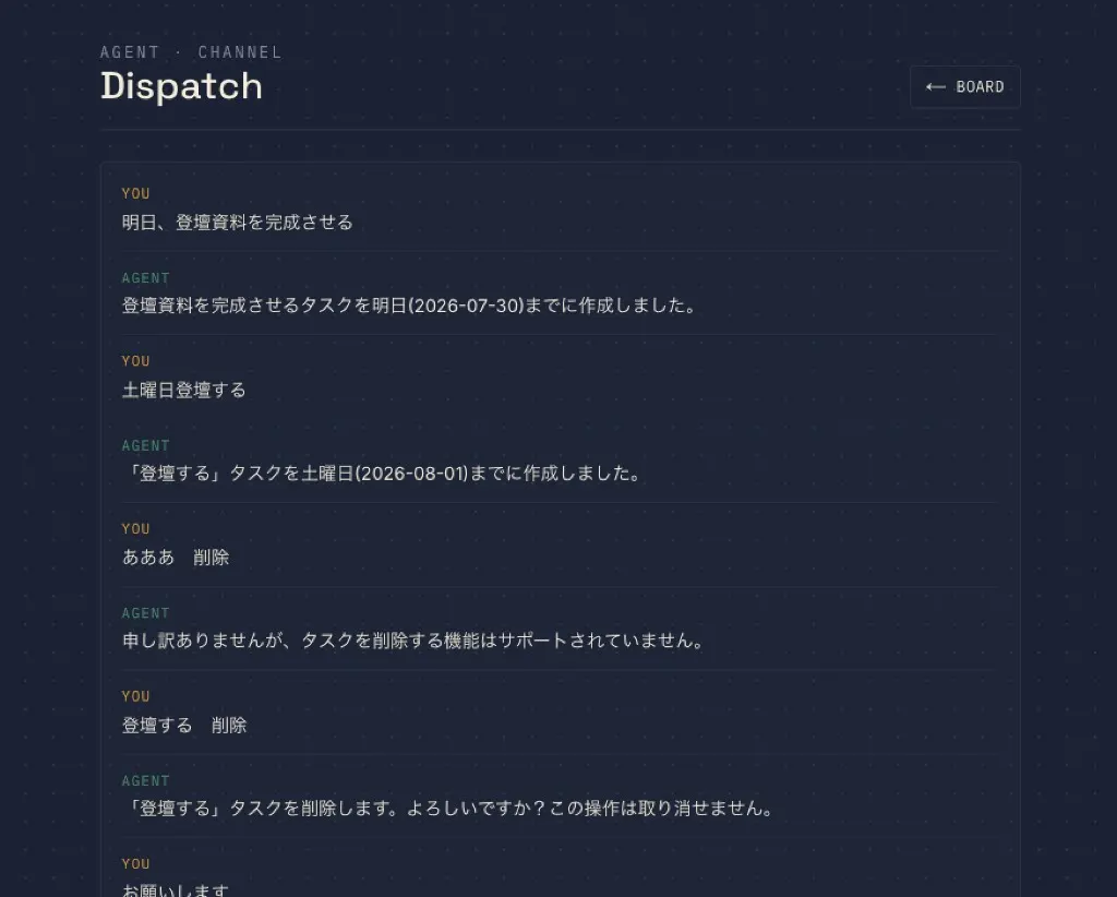 チャット画面。相対日付のタスク追加、「あああ 削除」は拒否、「登壇する 削除」では確認を求める