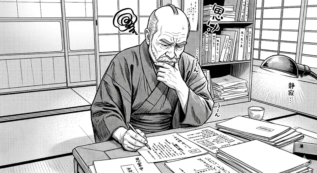 書類を見つめて考える波平さん（思案中）